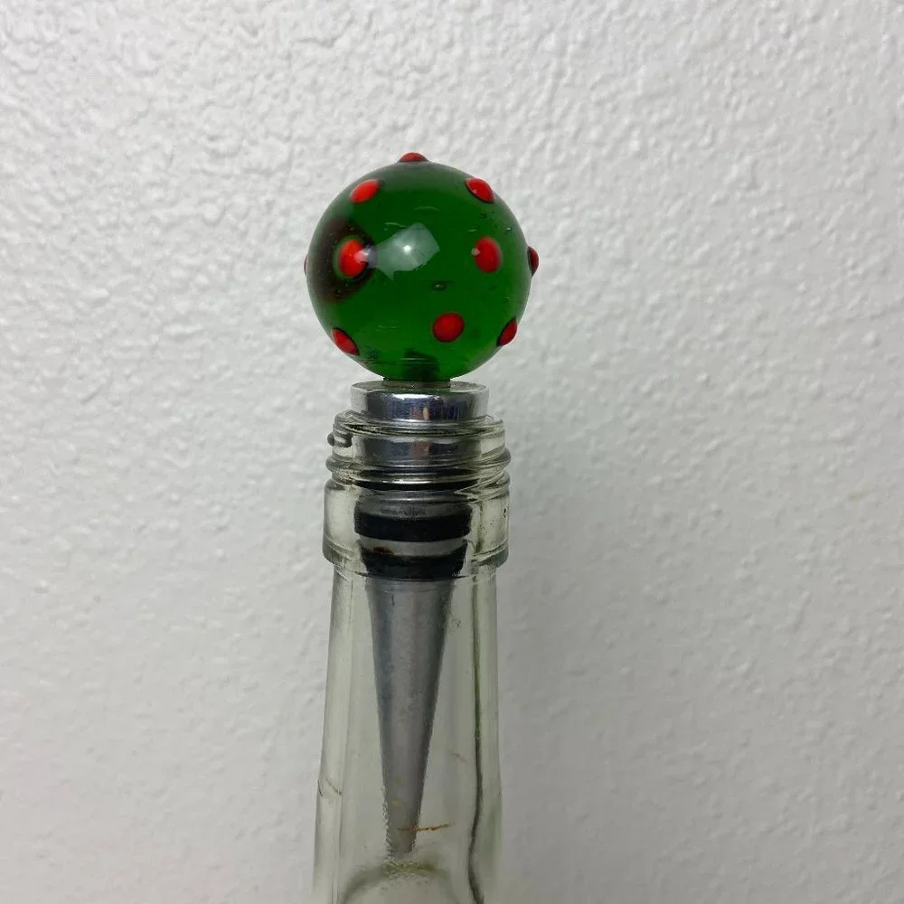 Vintage Bottle Stopper Green Glass Metal